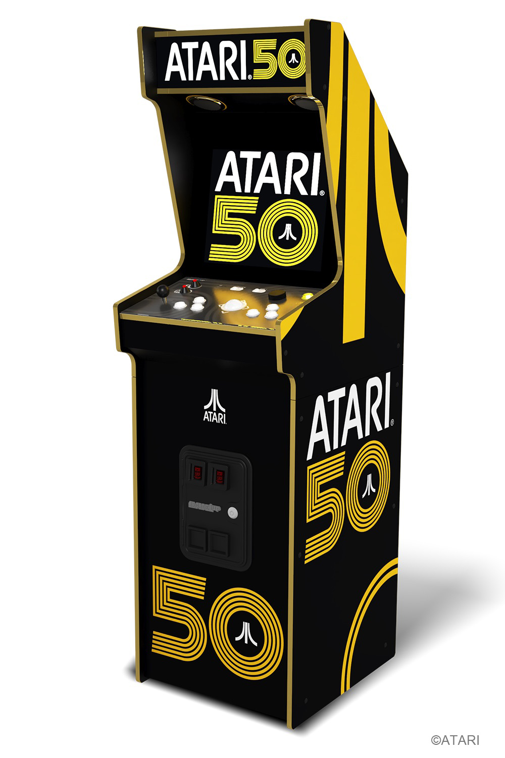 angled side view of the Atari 50th Anniversary Deluxe Arcade Machine cabinet