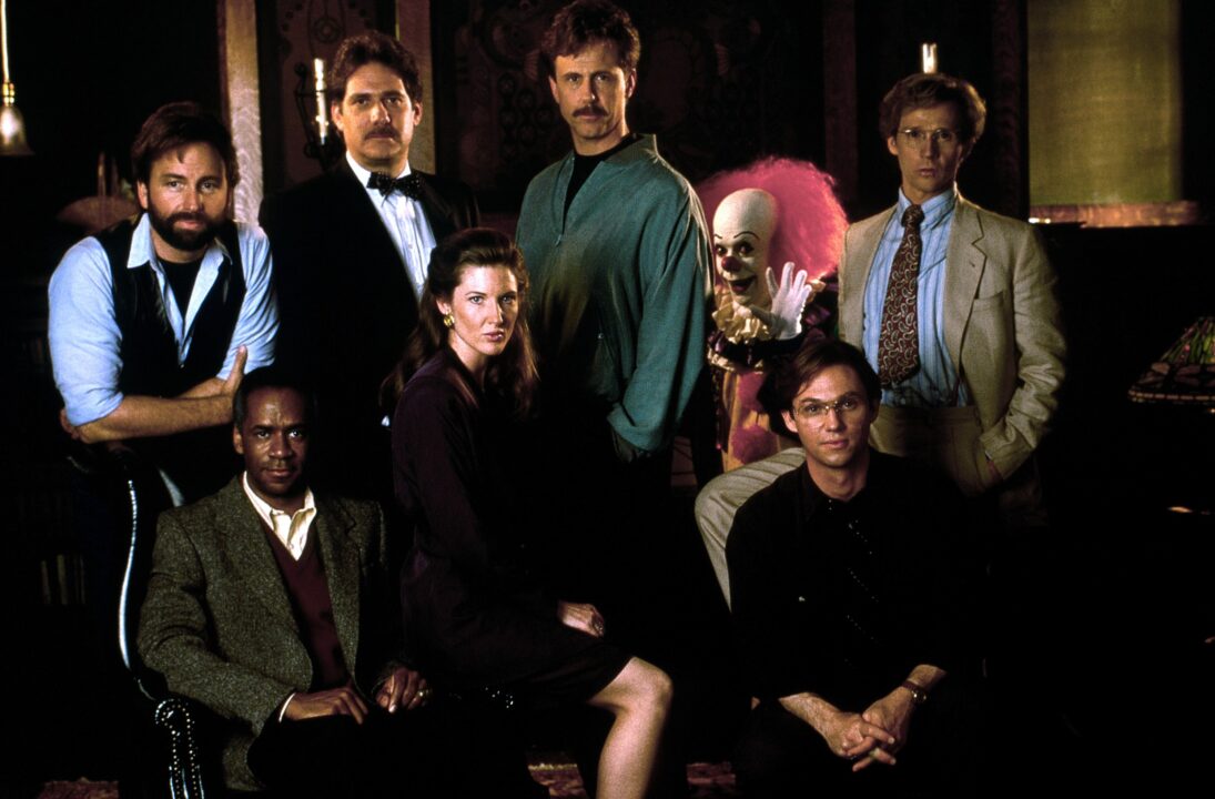 IT, (aka STEPHEN KING'S IT), clockwise from top left: John Ritter, Richard Masur, Harry Anderson, Tim Curry as Pennywise, Dennis Christopher, Richard Thomas, Annette O'Toole, Tim Reid, 1990