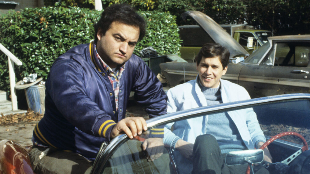 NATIONAL LAMPOON'S ANIMAL HOUSE, (from left): John Belushi, Tim Matheson on-set, 1978. © Universal P