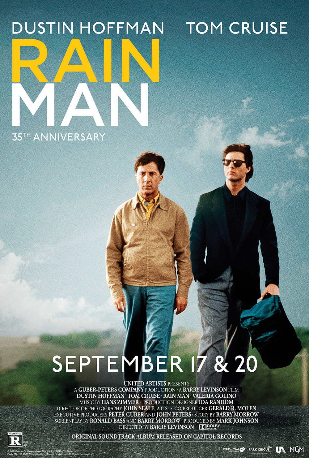 movie poster for the Fathom Events 35th anniversary theatrical re-release of the 1988 film "Rain Man." It features stars Dustin Hoffman (on the left) and Tom Cruise, walking beside each other below the words "Rain Man 35th Anniversary." In white lettering just below them are the air dates: September 17 & 20.