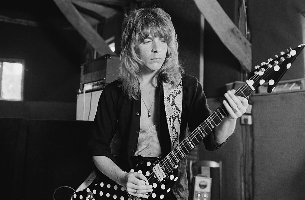 American guitarist Randy Rhoads recording Ozzy Osbourne's 'Blizzard of Ozz' album at Ridge Farm Studio, 1980. 