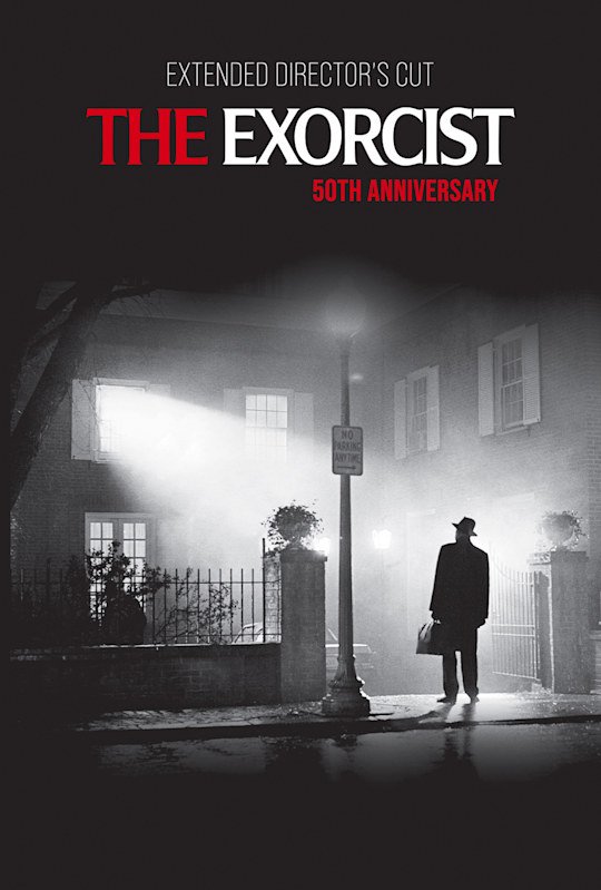 poster for "The Exorcist" 50th anniversary extended director's cut limited theatrical re-release in October 2023. It features the iconic image of a priest standing in silhouette in front of a glowing light emanating from the house of a demonically possessed young girl.