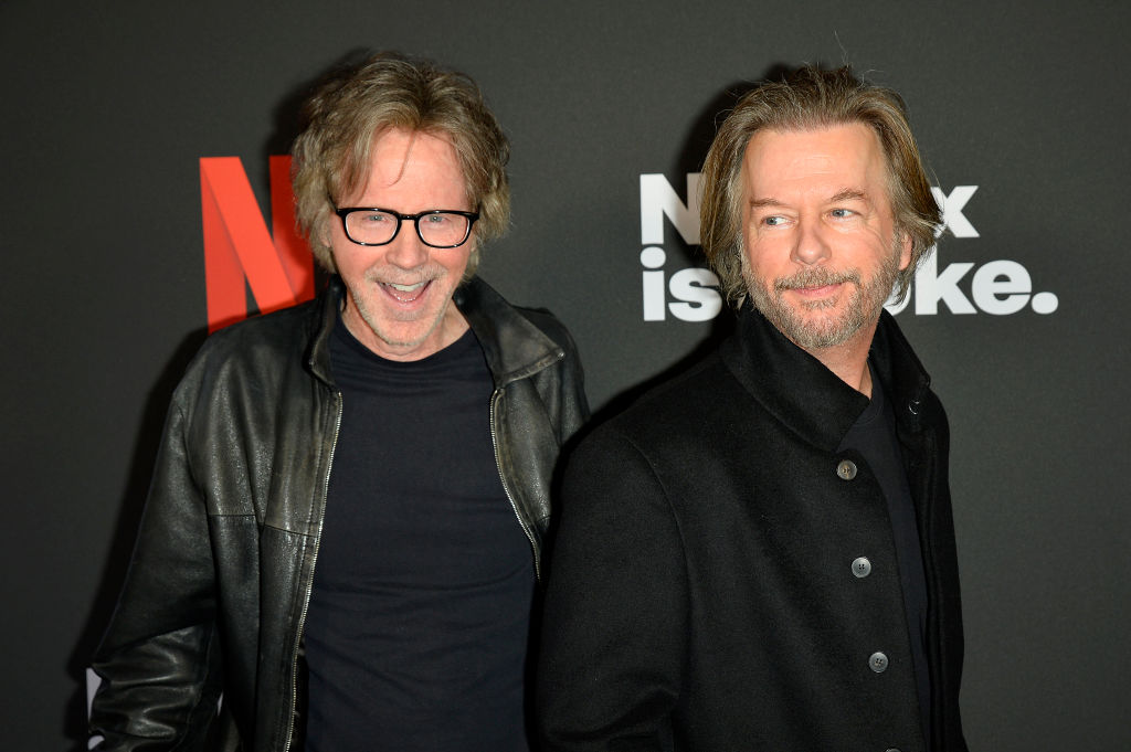 WEST HOLLYWOOD, CALIFORNIA - MARCH 04: (L-R) Dana Carvey and David Spade attend the Chris Rock: Selective Outrage The Show Before the Show Photo Call at The Comedy Store on March 04, 2023 in West Hollywood, California