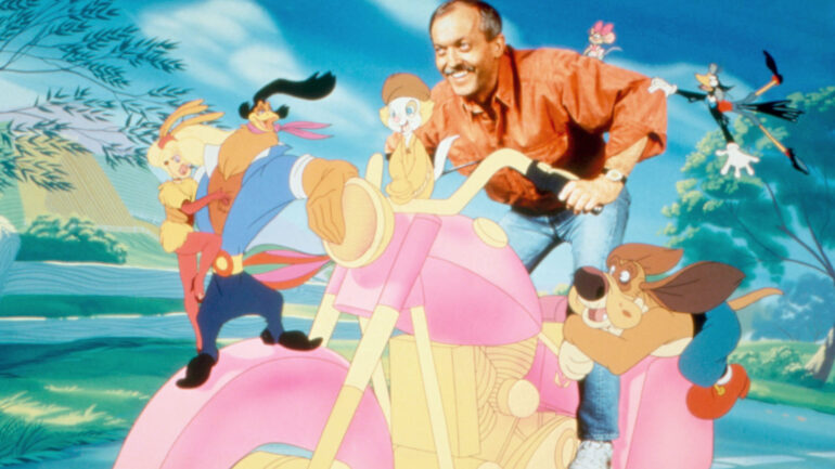 ROCK-A-DOODLE, Goldie, Chanticleer (center, voice: Glen Campbell), Edmond (bottom), producer/director Don Bluth, Peepers (top), Patou (voice: Phil Harris), Snipes (voice: Eddie Deezen), 1991