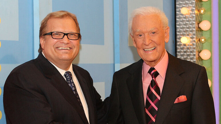 LOS ANGELES, CA - MARCH 25: Host Drew Carey (L) and former host Bob Barker speak during a segment of