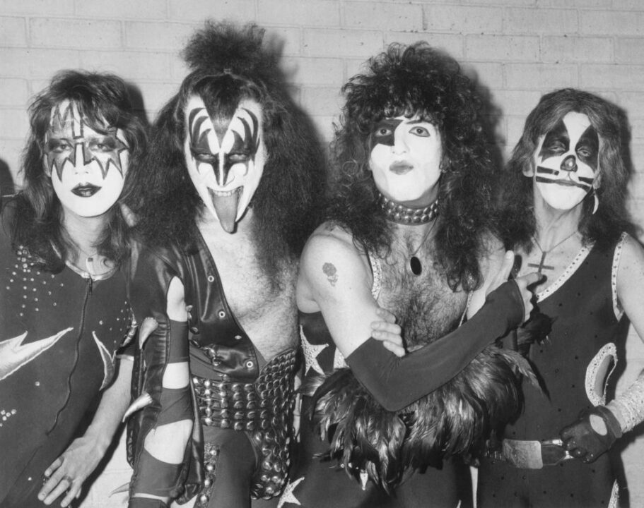 10th May 1976: American rock group Kiss arrive at London airport for their first European tour, already sporting black and silver make up and costumes. From left to right they are guitarist Ace Frehley, lead singer Gene Simmons, guitarist Paul Stanley and drummer Peter Criss