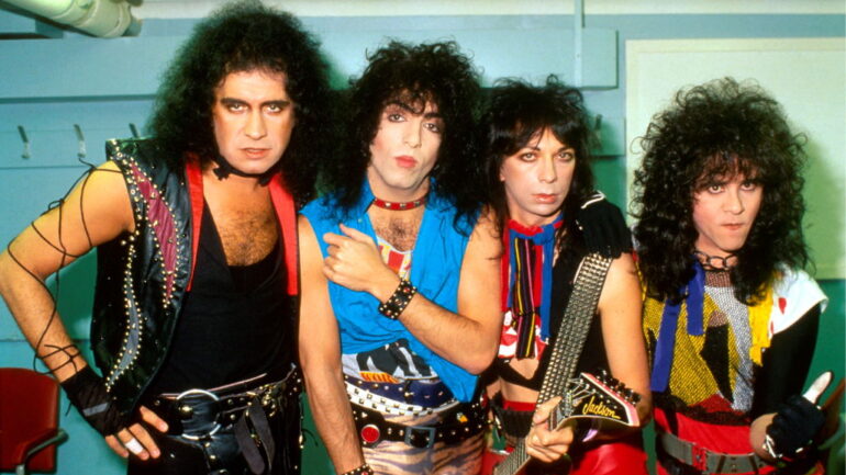 Kiss, group portrait, without make up, London, August 1983, L-R Gene Simmons, Paul Stanley, Vinnie Vincent, Eric Carr.