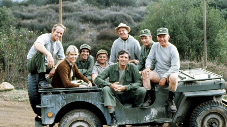 MASH, (aka M*A*S*H), from left: Mike Farrell, Loretta Swit, Jamie Farr, Gary Burghoff, William Christopher, Alan Alda, David Ogden Stiers, Harry Morgan, 1972-83