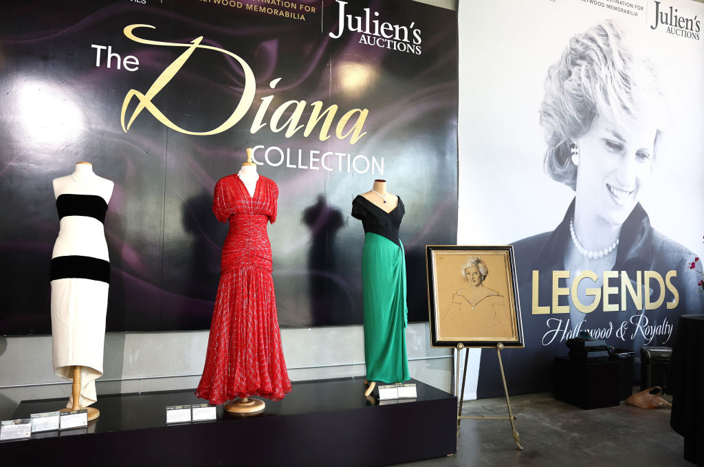 BEVERLY HILLS, CALIFORNIA - AUGUST 28: Gowns owned by Princess Diana are displayed during a media preview of ‘Legends: Hollywood &amp; Royalty’ at Julien's Auctions on August 28, 2023 in Beverly Hills, California. The upcoming three-day auction will feature 1,400 garments, wardrobe items and other collectibles from Princess Diana, Star Wars, Star Trek, and other classic films and cultural icons