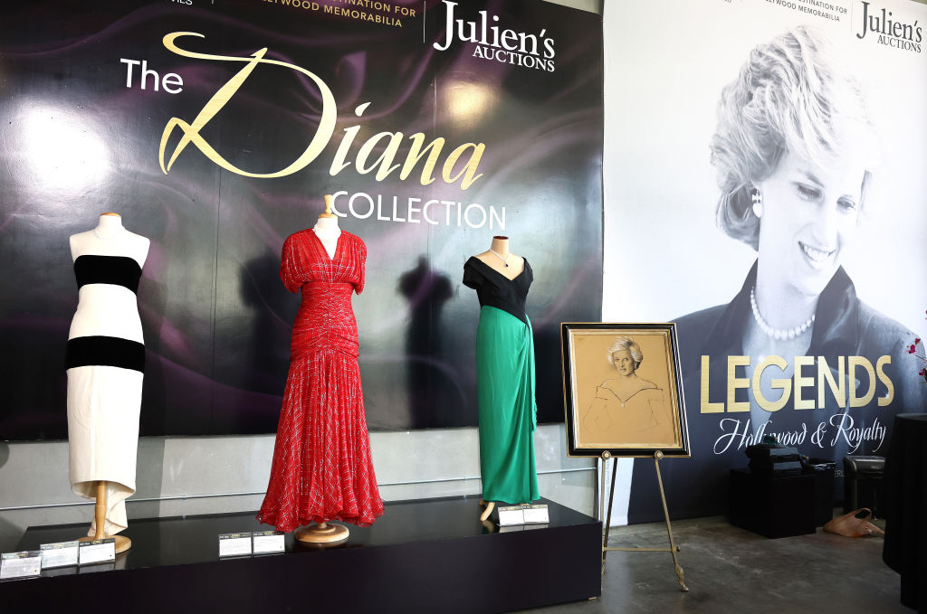 BEVERLY HILLS, CALIFORNIA - AUGUST 28: Gowns owned by Princess Diana are displayed during a media preview of ‘Legends: Hollywood & Royalty’ at Julien's Auctions on August 28, 2023 in Beverly Hills, California. The upcoming three-day auction will feature 1,400 garments, wardrobe items and other collectibles from Princess Diana, Star Wars, Star Trek, and other classic films and cultural icons