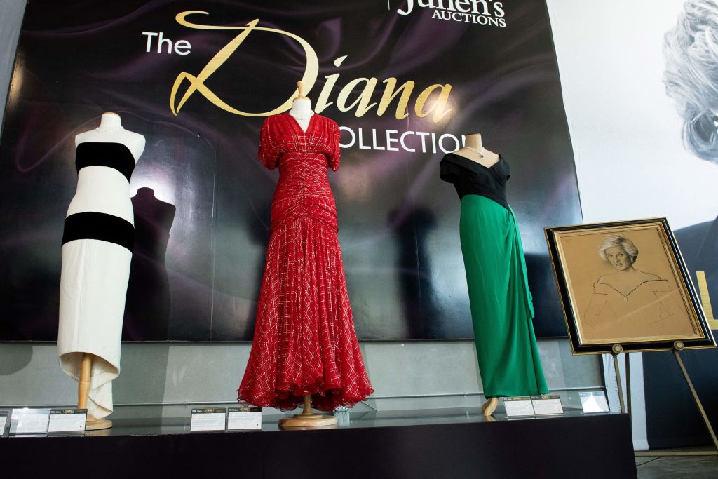 Dresses belonging to Princess Diana are displayed during the media preview for Julien's "Legends: Hollywood and Royalty" auction and exhibition, in Beverly Hills, California, on August 28, 2023