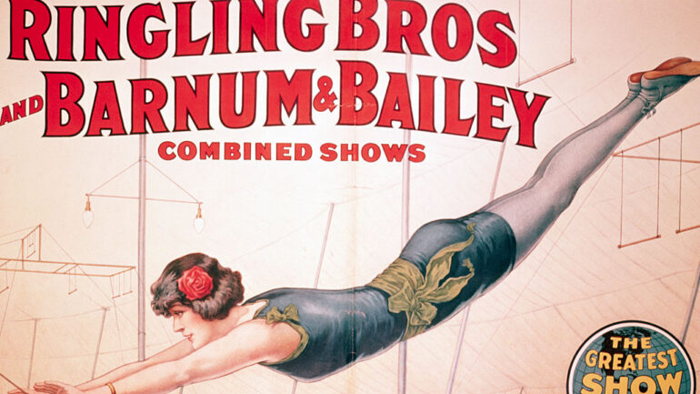 ORIGINAL CAPTION READS: Colored circus poster for Ringling Brothers - Barnum and Bailey. Photo shows blue garbed aerialist, undated.