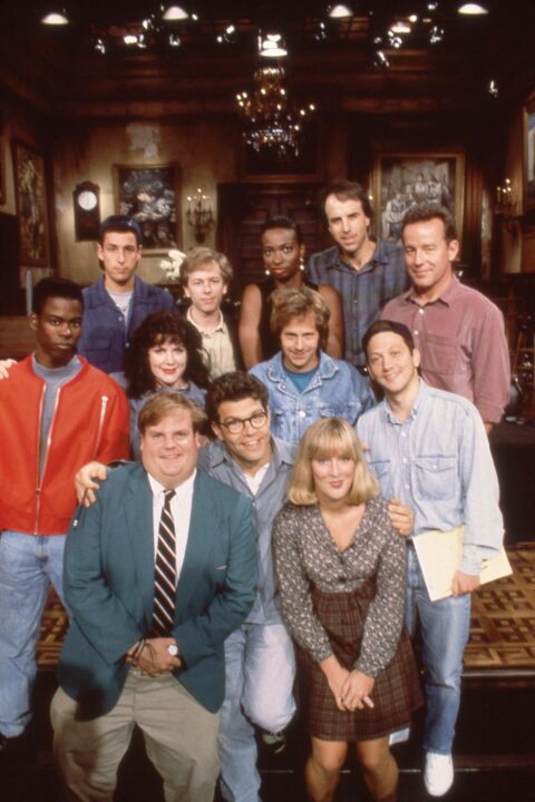 SATURDAY NIGHT LIVE, top row from left: Adam Sandler, David Spade, Ellen Cleghorne, Kevin Nealon, Phil Hartman; middle: Chris Rock, Julie Sweeney, Dana Carvey, Rob Schneider; front: Chris Farley, Al Frankin (writer), Melanie Hutsell, (Season 18), 1975-