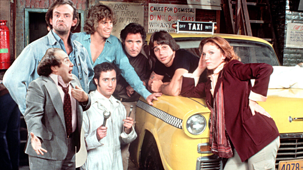 TAXI, (Back Row L-R), Christopher Lloyd, Jeff Conaway, Judd Hirsch, Tony Danza, (Front Row L-R), Danny DeVito, Andy Kaufman, Marilu Henner, (Season 2, 1979-1980)