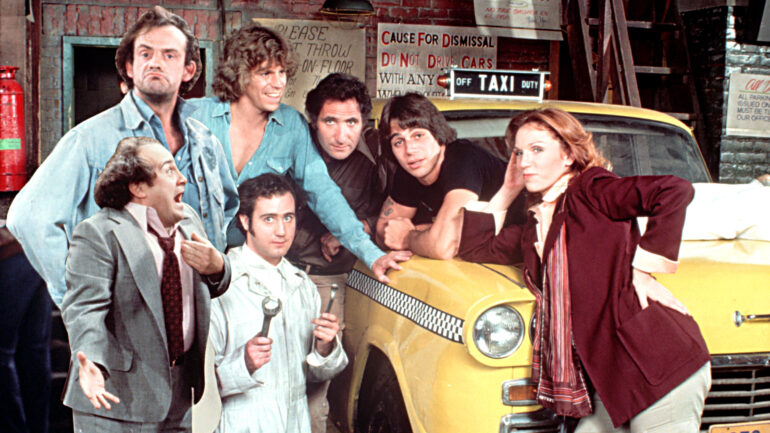 TAXI, (Back Row L-R), Christopher Lloyd, Jeff Conaway, Judd Hirsch, Tony Danza, (Front Row L-R), Danny DeVito, Andy Kaufman, Marilu Henner, (Season 2, 1979-1980)