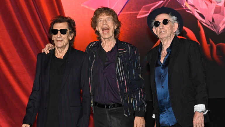 LONDON, ENGLAND - SEPTEMBER 06: Ronnie Wood, Mick Jagger and Keith Richards pose for photographs during the Rolling Stones 