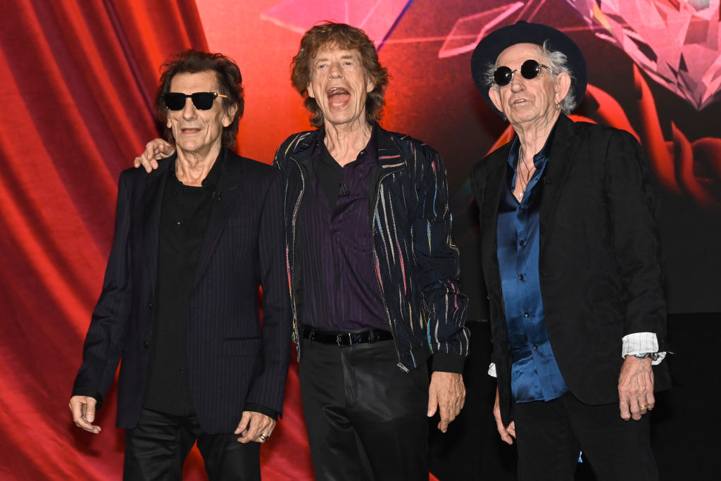 LONDON, ENGLAND - SEPTEMBER 06: Ronnie Wood, Mick Jagger and Keith Richards pose for photographs during the Rolling Stones "Hackney Diamonds" press conference at Hackney Empire on September 06, 2023 in London, England