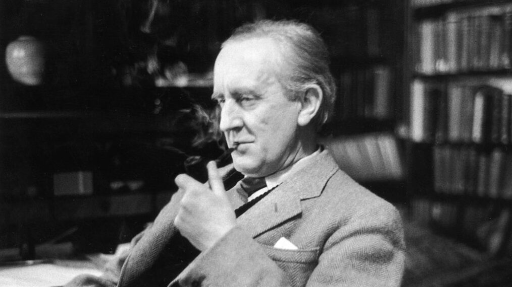 2nd December 1955: British writer J R R Tolkien (1892 - 1973), enjoying a pipe in his study at Merton College, Oxford, where he is a Fellow. Original Publication: Picture Post - 8464 - Professor J R R Tolkien - unpub.