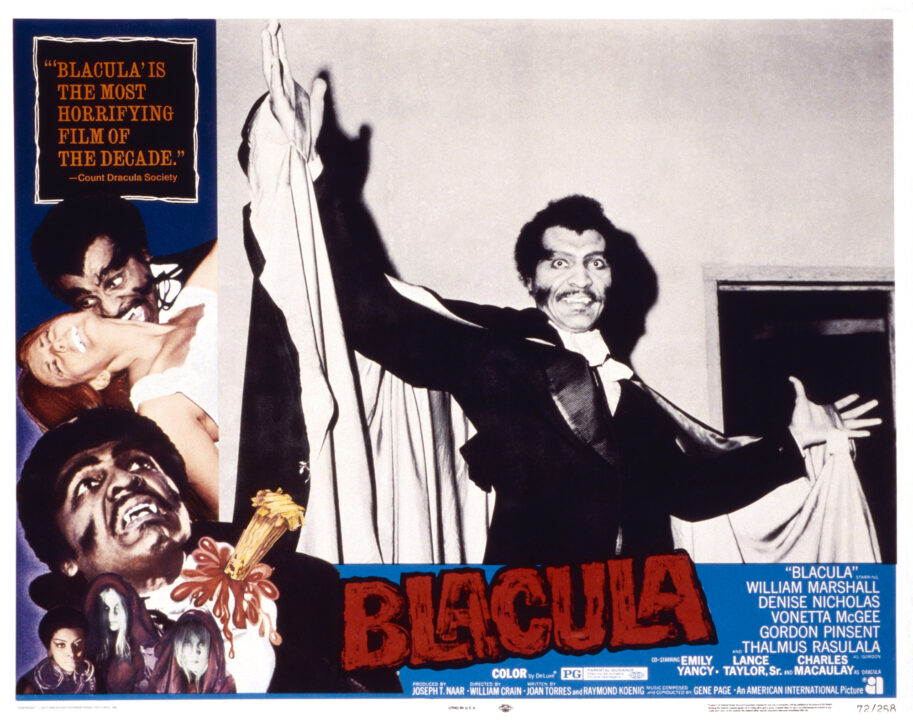 movie poster for the 1972 film "Blacula," depicting an image of star William Marshall as the title character, a vampire wearing a dark suit and cape. In the upper left corner of the poster is a comment from the Count Dracula Society saying that "Blacula" is "the most horrifying film of the decade."