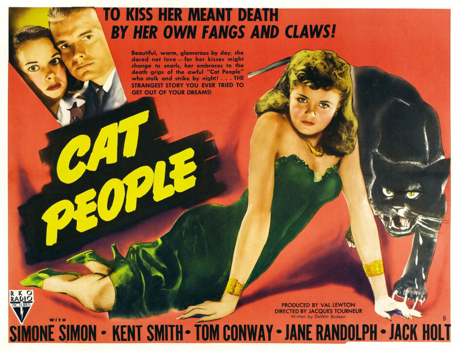movie poster for the 1942 film "Cat People." a large focus of the poster is an illustration of star Simone Simon, who is lying in a catlike stretching pose, while creeping directly behind her is a black cat.