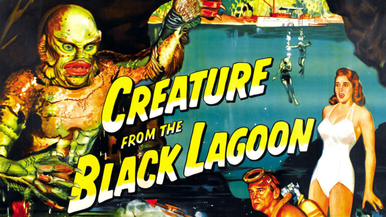CREATURE FROM THE BLACK LAGOON, as 'the Creature', upper left: Ben Chapman (on land), Ricou Browning (underwater); bottom right, from left: Richard Carlson, Julia Adams (aka 'Julie Adams'), 1954, 6-sheet poster art