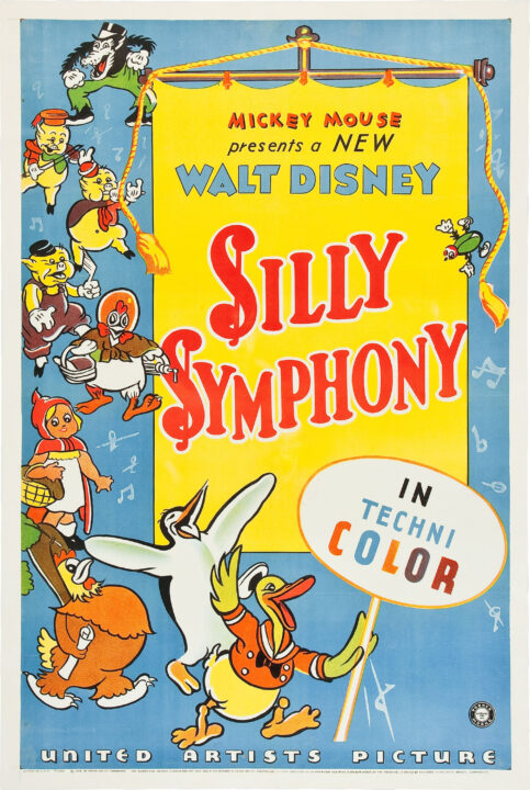 SILLY SYMPHONY, from top left: Big Bad Wolf, Three Little Pigs, Henny Penny, Little Red Riding Hood, chicken, penguin, Donald Duck, 1934.