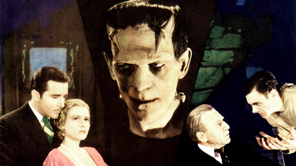 FRANKENSTEIN, from left: John Boles, Mae Clarke, Boris Karloff as the Frankenstein monster, Edward Van Sloan, Colin Clive as Dr. Frankenstein, 1931
