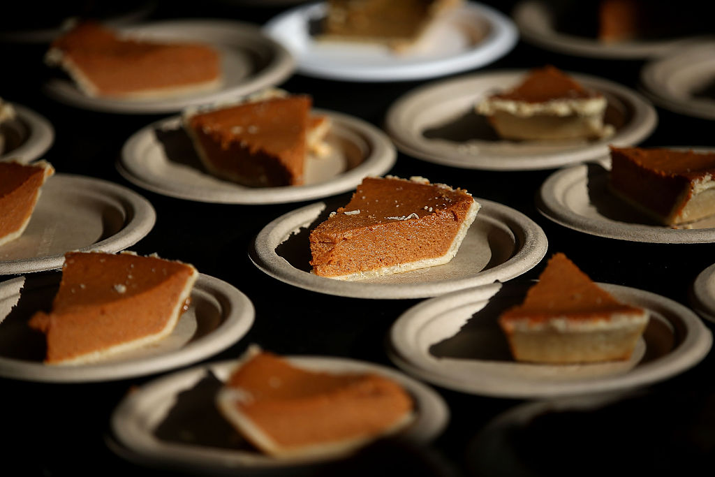 RICHMOND, CA - NOVEMBER 25: Slices of pumpkin pie sit on a table during the Great Thanksgiving Banquet hosted by the Bay Area Rescue Mission on November 25, 2015 in Richmond, California