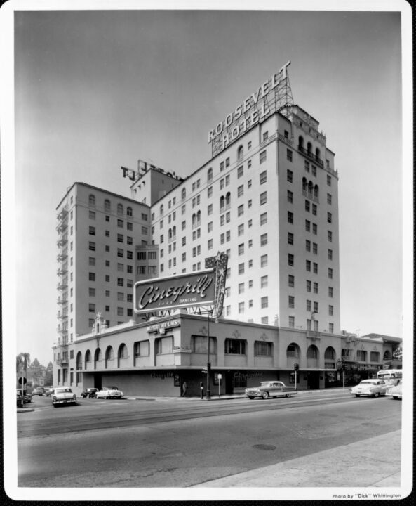 Looking across Hollywood Boulevard to the Roosevelt Hotel, Los Angeles, California, early to mid twentieth century.