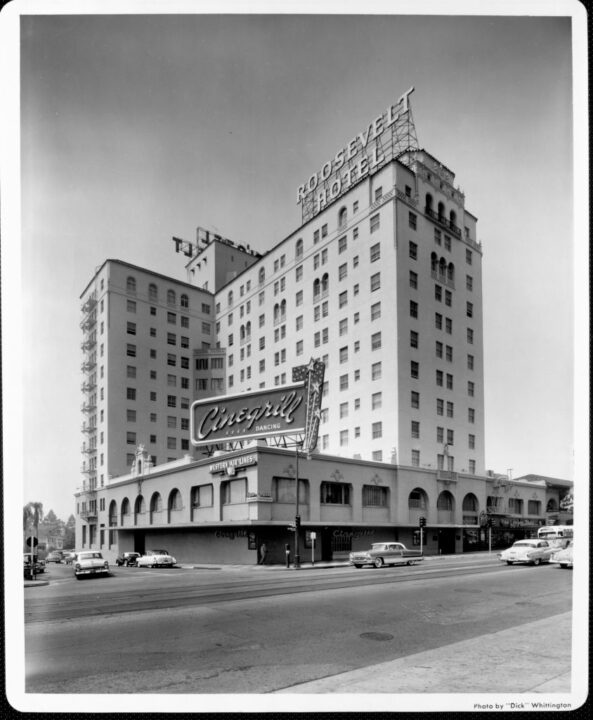 Looking across Hollywood Boulevard to the Roosevelt Hotel, Los Angeles, California, early to mid twentieth century.