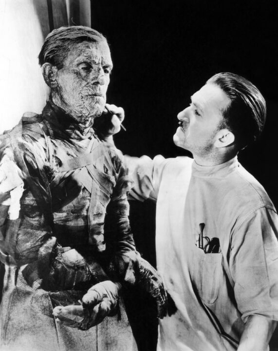 THE MUMMY, Boris Karloff being made up for his role by Jack P. Pierce, 1932.