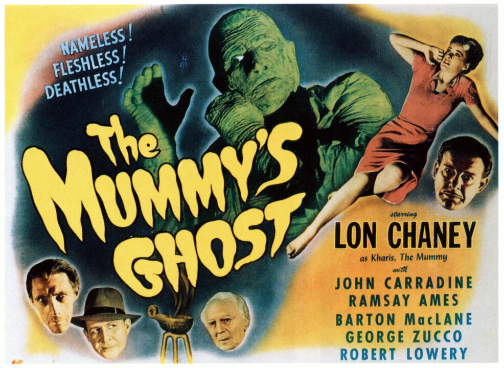 THE MUMMY'S GHOST, top from left: Lon Chaney Jr., Ramsay Ames, Lon Chaney Jr., bottom left to right: John Carradine, Barton MacLane, George Zucco, 1944.