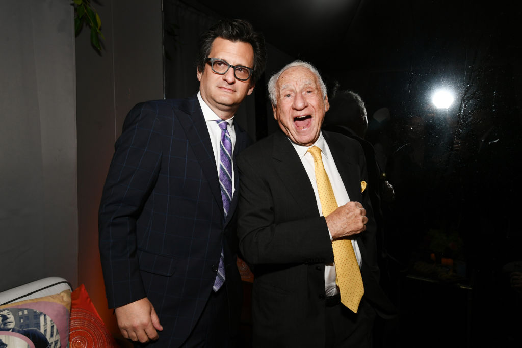 HOLLYWOOD, CA - APRIL 26: TCM host Ben Mankiewicz, (L) and Director Mel Brooks attend the 2018 TCM Classic Film Festival Opening Night After Party on April 26, 2018 in Hollywood, California. 350620.