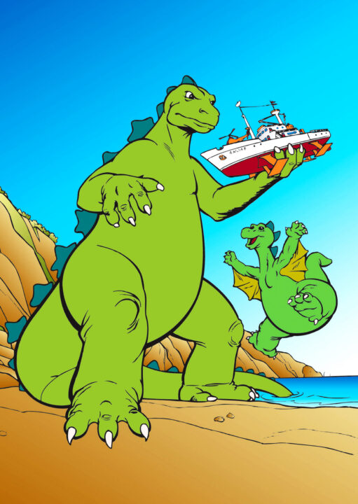 promotional image for the 1978 Godzilla cartoon series from Hanna-Barbera. Standing on a beach in front of a cliff, on the left of this illustration, is the animated figure of Godzilla; his body is light green, scales running down his back are darker green. He is facing the right of the image and his holding a ship in his left hand. Just below him and to his right, and much smaller, is the character Godzooky, who looks similar to Godzilla but has flaps beneath each arm that are lifting him aloft a few feet off the beach. Godzooky looks smiling and happy, while Godzilla has a serious look on his face.