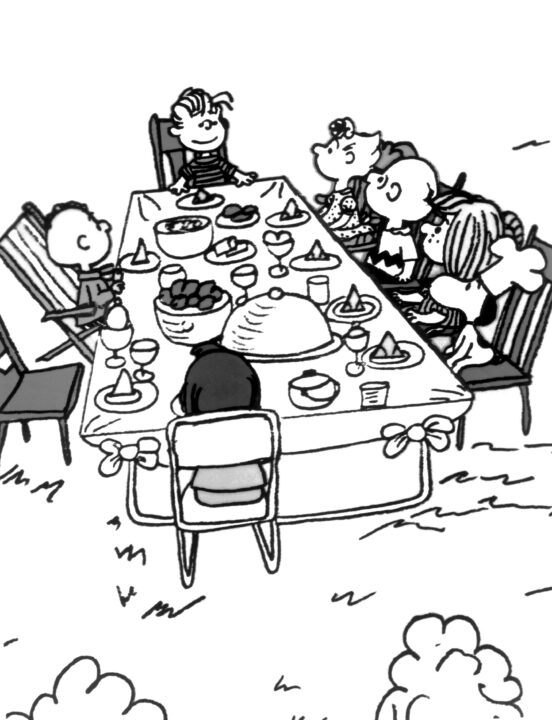 A CHARLIE BROWN THANKSGIVING, clockwise from top center: Linus Van Pelt, Sally Brown, Charlie Brown, Peppermint Patty, Snoopy, Marcie, Franklin, 1973.