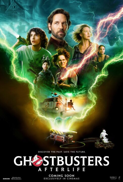 GHOSTBUSTERS: AFTERLIFE, advance poster, from left: Finn Wolfhard, Logan Kim, Paul Rudd (top), Mckenna Grace, Carrie Coon, Celeste O'Connor, 2021