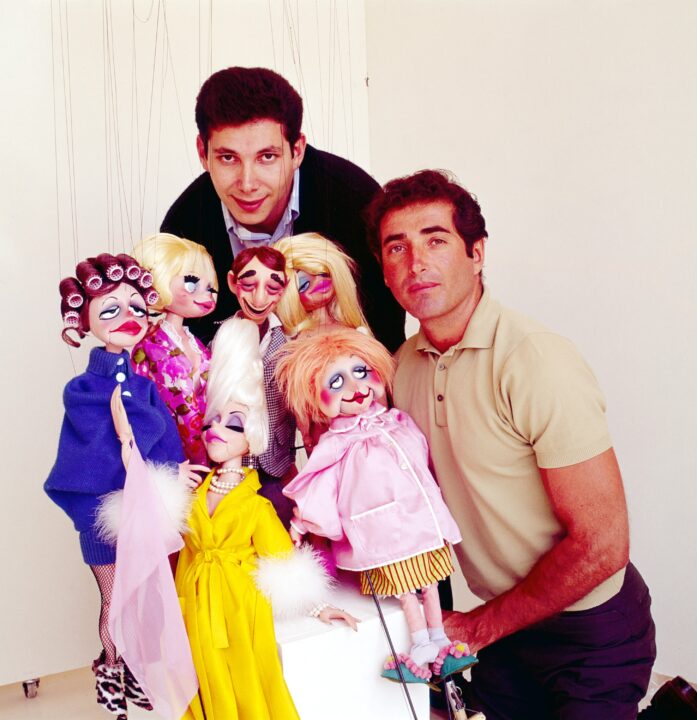Marty Krofft (left) and Sid Krofft (right), with Krofft Puppets clockwise from left: Judy, Ginger, Monty, Collette, Bertha, Cynthia, 1965