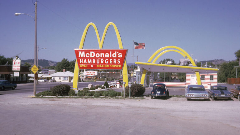 The exterior of a McDonald's fast food restaurant, USA, August 1970. The location of the outlet is possibly on Interstate 90 in Rapid City, South Dakota