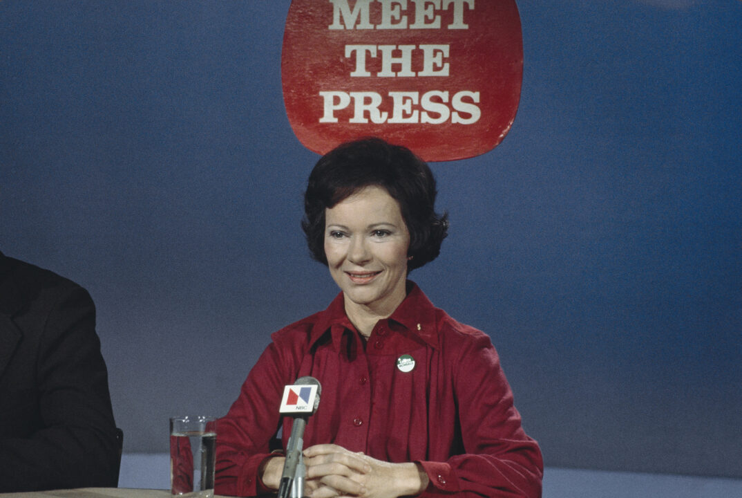 Rosalynn Carter, wife of presidential candidate Jimmy Carter, appears on the 'Meet the Press' television talk show, September 26th 1976. She is wearing a 'Carter/Mondale' campaign badge. 