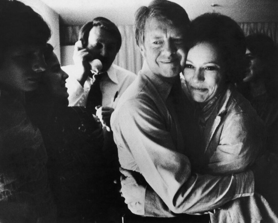 Democratic presidential candidate Jimmy Carter embraces his wife Rosalynn after receiving the final news of his victory in the national general election, November 2, 1976. 