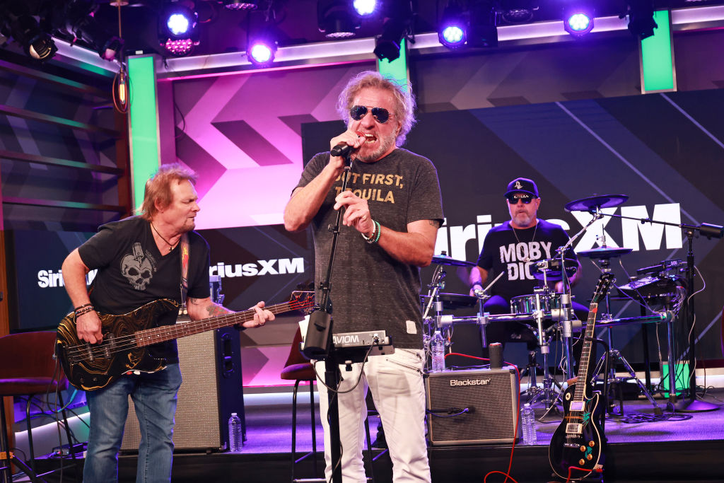 LOS ANGELES, CALIFORNIA - NOVEMBER 14: (L-R) Michael Anthony, Sammy Hagar, and Jason Bonham perform at SiriusXM Studios on November 14, 2023 in Los Angeles, California.