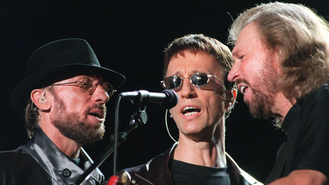 Bee Gees perform during the "One Night Only" concert in March 1999 at Stadium Australia in Sydney, Australia.