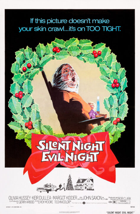 U.S. movie poster for the 1974 slasher movie "Black Christmas," which was released in America as "Silent Night, Evil Night." Above that latter title is an illustration of a Christmas wreath, and within that is an illustration of one of the film's scenes in which a female victim of the movie's killer is seated in a rocking chair with her face covered with tape/Saran wrap.