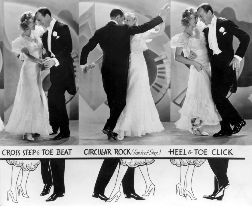 black and white image collage from the 1933 movie "Flying Down to Rio." There are three vertical images of stars Fred Astaire and Ginger Rogers (he wearing a tuxedo, she a white ballgown) performing dance steps for the "Carioca" number they perform in the film. Below each image is an illustration of the position of their feet, accompanied by the successive captions: "Cross Step & Toe Beat," "Circular Rock (Fox-trot Step)" and "Heel & Toe Click"