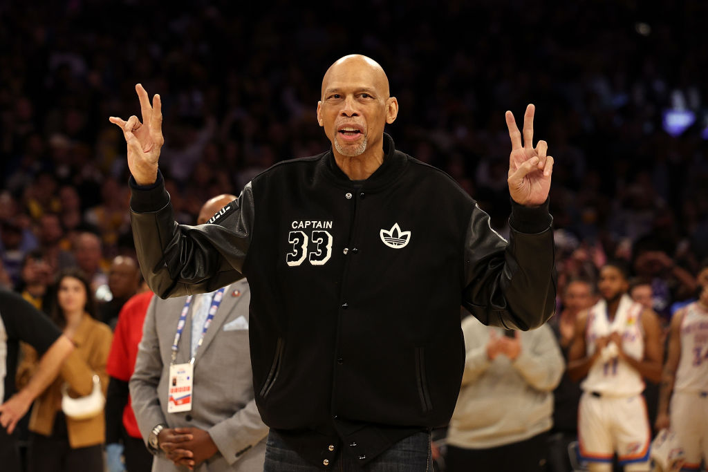 Kareem Abdul-Jabbar reacts on the court after LeBron James #6 of the Los Angeles Lakers passed Abdul-Jabbar to become the NBA's all-time leading scorer, surpassing Abdul-Jabbar's career total of 38,387 points against the Oklahoma City Thunder at Crypto.com Arena on February 07, 2023 in Los Angeles, California