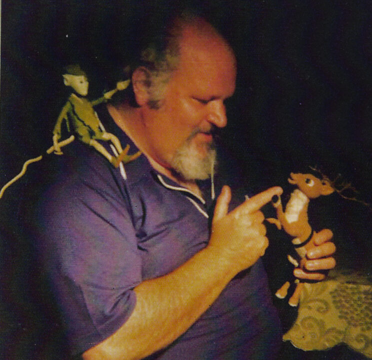 Romeo Muller, Jr. with two Animagic figures Arthur gave him. One of the many reindeer and a tree elf from the feature film "Marco"in which he also appeared.