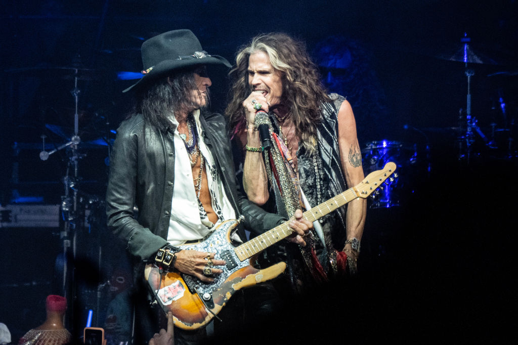 Joe Perry and Steven Tyler of Aerosmith perform live on stage at the Wells Fargo Center on September 02, 2023 in Philadelphia, Pennsylvania