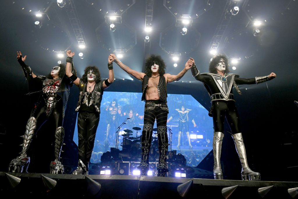 Gene Simmons, Eric Singer, Paul Stanley and Tommy Thayer of Kiss perform onstage at Staples Center on March 04, 2020