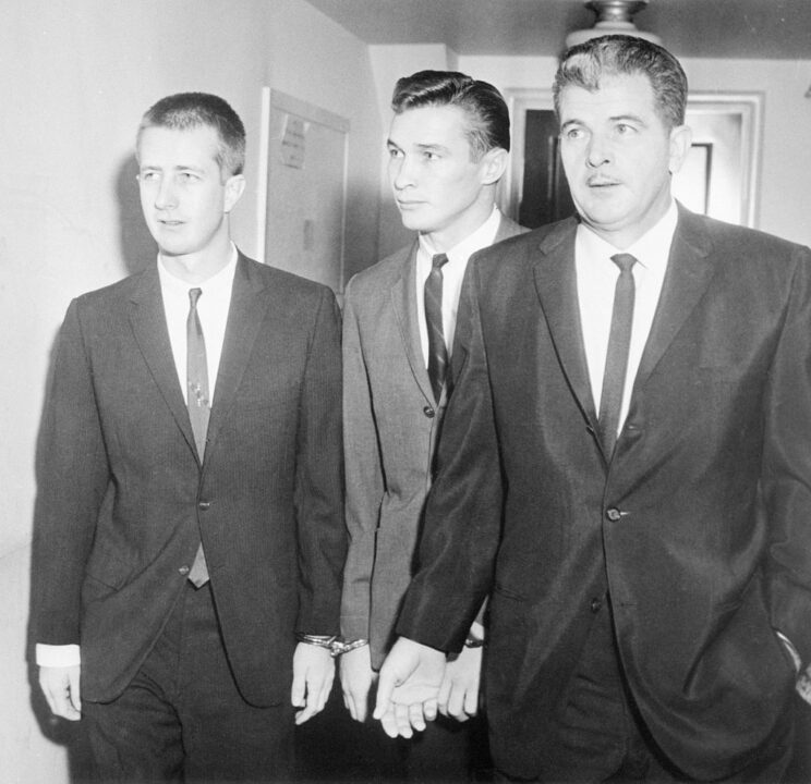(Original Caption) 1/20/1964-Los Angeles, California- The three suspects in the Frank Sinatra Jr. kidnapping are shown in court 1/20. (L-R) Barry Keenan, 23, Clyde Amsler, 23, and John Irwin, 42. Attorneys for the three men charged with the 12/8/63 kidnapping of Sinatra Jr. pulled out all stops 1/20 in legal skirmishing for what promises to be a colorful and heated trial.