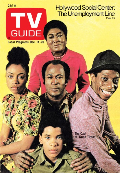 GOOD TIMES, clockwise from top: Esther Rolle, Jimmie Walker, Ralph Carter, BernNadette Stanis, John Amos (center), TV GUIDE cover, December 14-20, 1974.